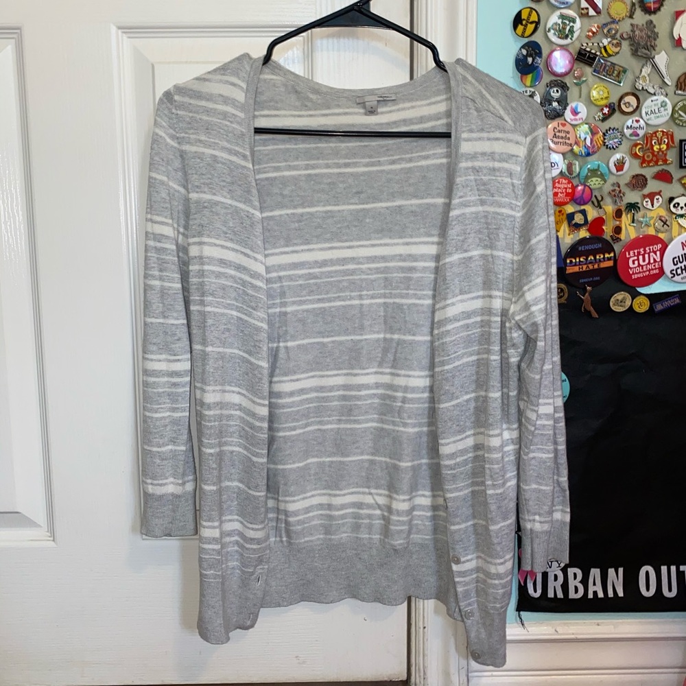 grey and white striped cardigan